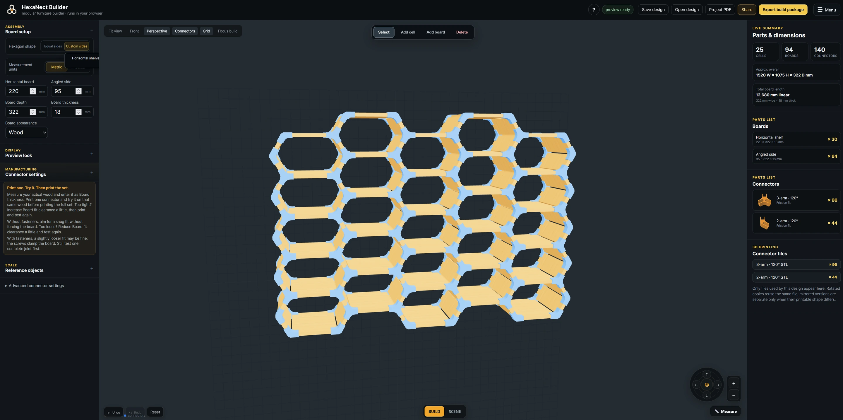 HexaNect Builder showing a 25-cell shelving layout with board dimensions and live board and connector parts lists